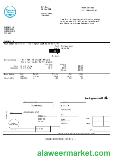 United Kingdom Thames Water business utility bill template in Word and PDF formats